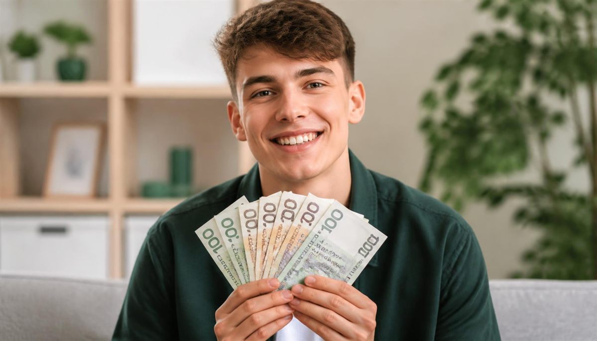 Uśmiechnięty młody mężczyzna trzymający wachlarz banknotów o nominale 100